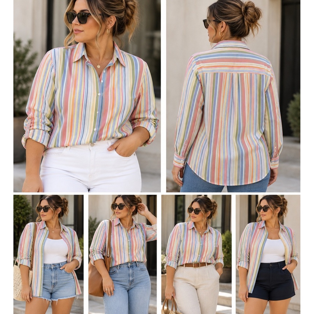 Orvis Womens 20 Cotton Wrinkle Resistant Striped Button Down Shirt Multi Color